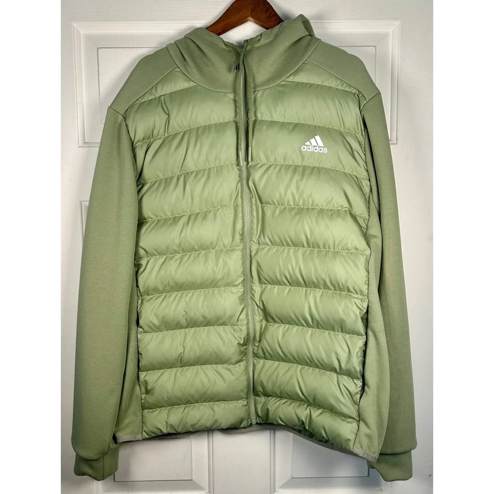 Adidas Essential Mens XL Hybrid Down Puffer Hoodie Jacket Green Full Zip Quilted
